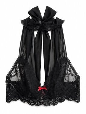 La Vie En Rose Black Lace Choker Tie Halter Bralette with Red Bow – Size S/M EUC